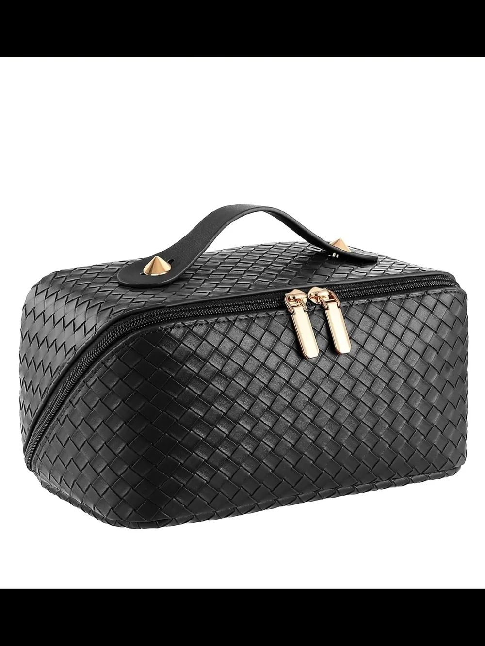 Black Woven Cosmetic Travel Case with Gold Hardware